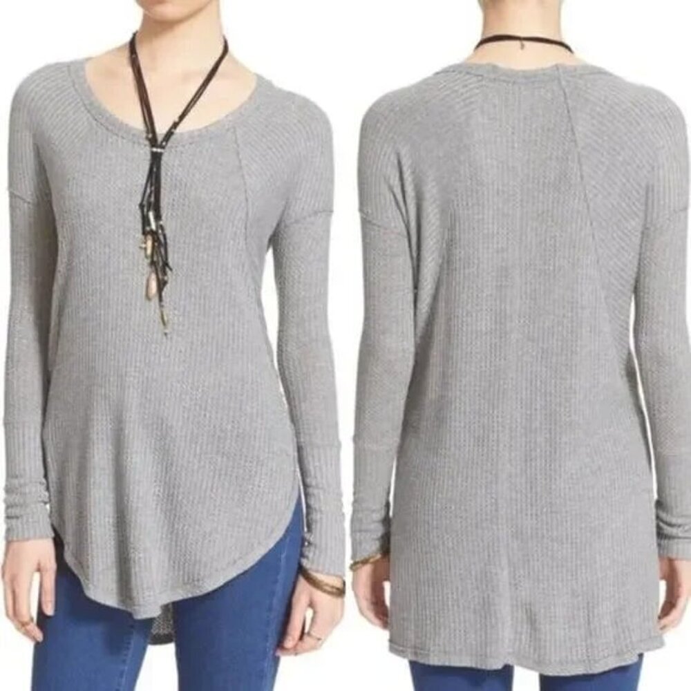 Free People Ventura Gray Waffle‎ Knit Thermal Scoop Neck High Low Top Small